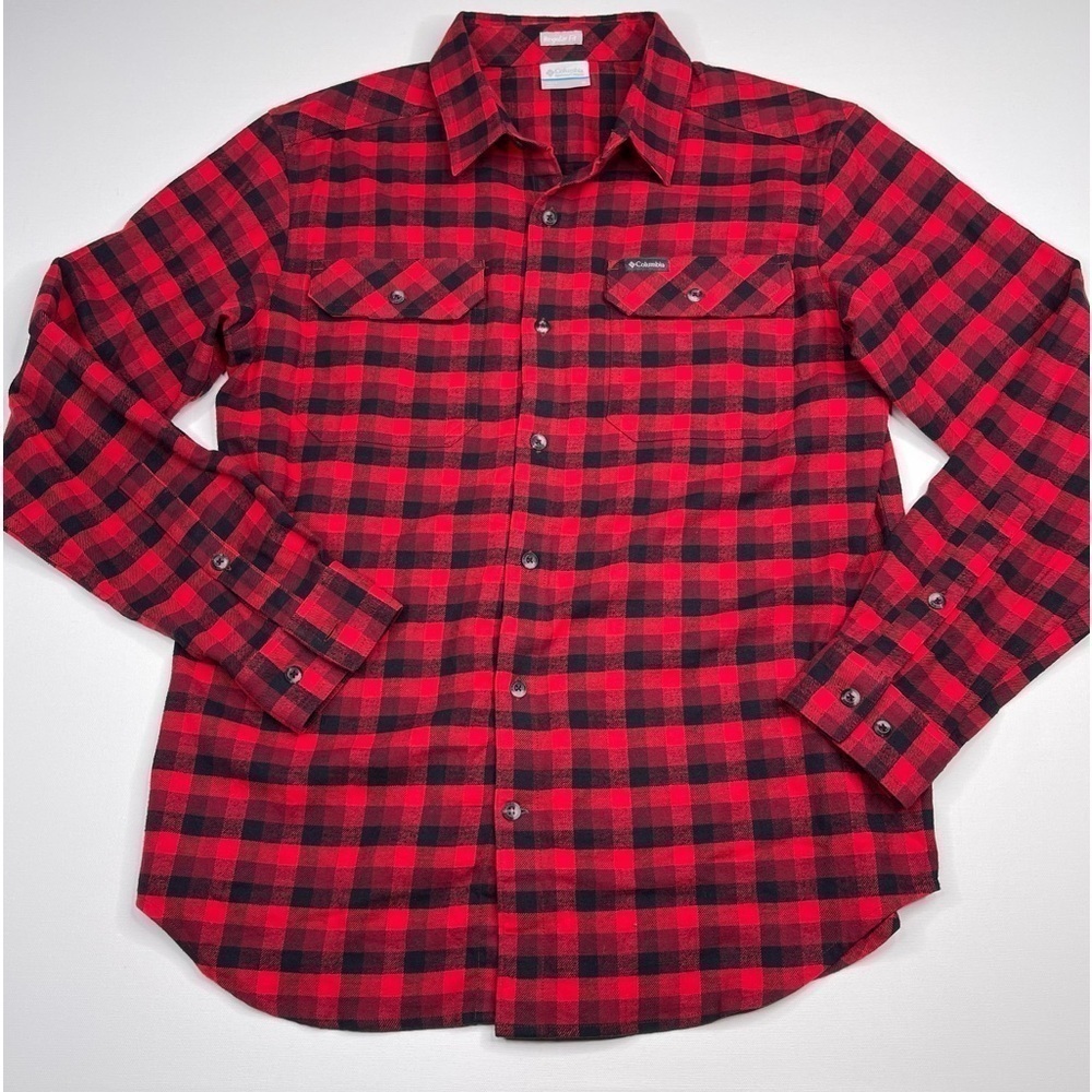 Columbia Flannel Plaid Shirt Buffalo Red Black Regular Fit OmniWick Gorp Outdoor
